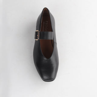 Froggie Women's Mary Jane Flat with Buckle Strap in black — top angle view showing rounded toe and strap
