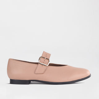 Froggie Women's Mary Jane Flat with Buckle Strap in nude — side view showing adjustable buckle strap