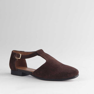 Froggie Mary Jane Flat with T-Strap Twist in brown — angled side view showing strap design