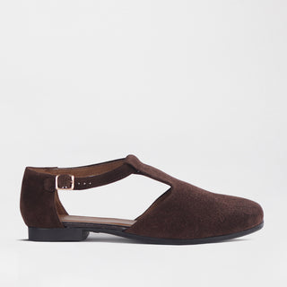 Froggie Mary Jane Flat with T-Strap Twist in brown — side view showing twisted T-strap detail
