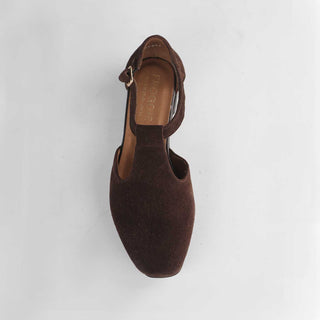 Froggie Mary Jane Flat with T-Strap Twist in brown — top angle view showing twist strap layout