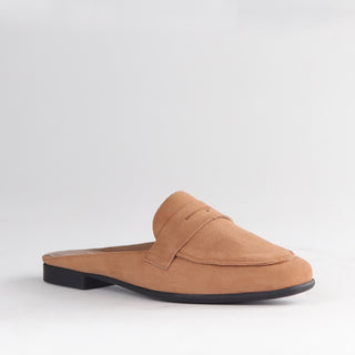 Froggie Open Back Loafer in tan — angled side view showing rounded toe