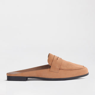 Froggie Open Back Loafer in tan — side view showing open back and loafer silhouette