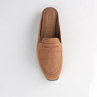 Froggie Open Back Loafer in tan — top angle view showing loafer shape