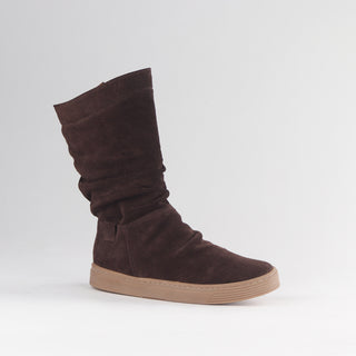 Froggie Women's Leather Ruched Midcalf Boot in brown — close-up angle showing ruched leather detail
