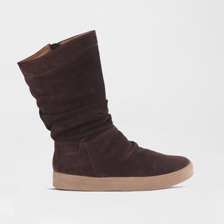 Froggie Women's Leather Ruched Midcalf Boot in brown — side view showing ruched ankle detail